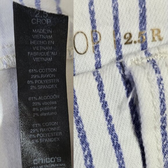 Chico's So Slimming Girlfriend Crop Jeans White Blue Painted Stripe Beachy - Picture 9 of 10